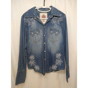 Vintage Country Royalty Y2K Denim Pearl Snap Shirt Embroidered Studded Medium